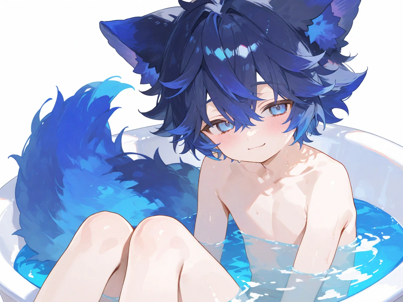 Top shot of a fictional male character whose appearance is that of an anthropomorphic fox which is relaxing on the surface of the crystal clear water of a pool while lying on a blue float shaped like a donut, all this while showing a smile on his face, winks and has an arm extended upward while his hand gestures a V sign.