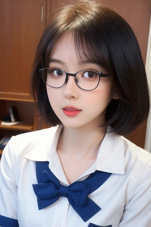 High school students、big breasts、eye glass、book library、unclear、Short Bob、a beauty girl