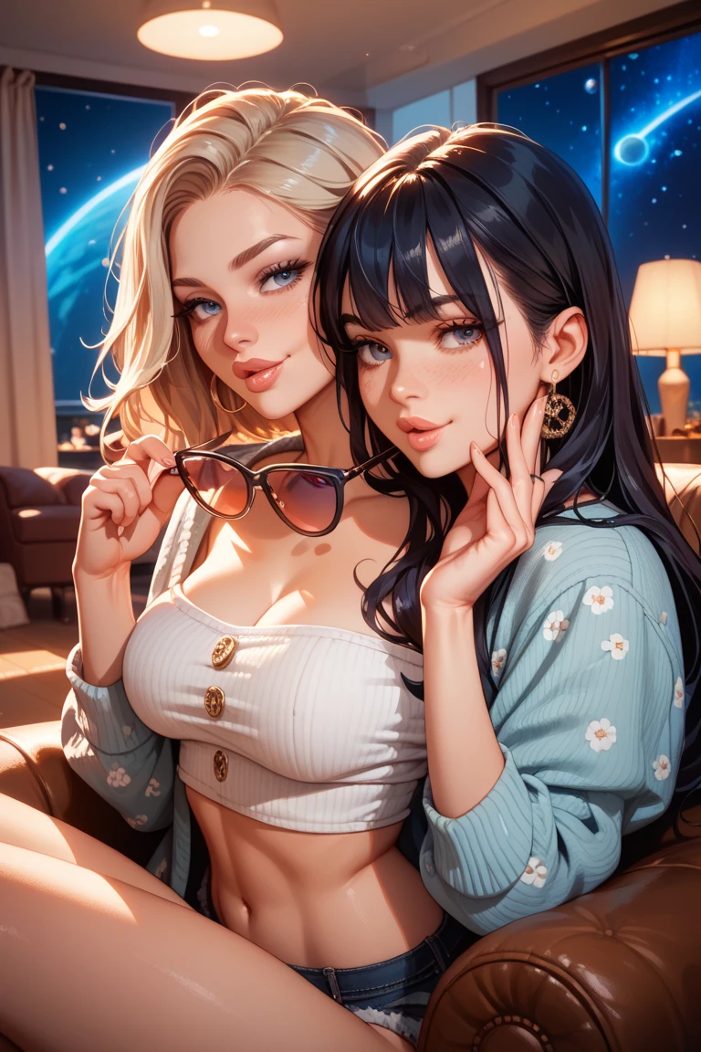 "(masterpiece, best quality, 8k, sharp focus, depth of field, best shadows, perfect lights, HDR, realistic skin texture, ultra-detailed, detailed background)", anime style, 2 women hugging (one of them has green eyes, white skin, black hair with ponytail, choker, small breasts, slim, makeup, eyeliner, glitter), (the other woman has blonde hair), in a room with neo cyberpunk lights and computers and guns