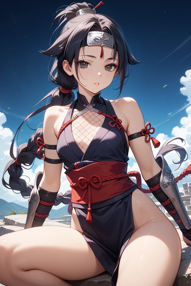 Fantasy art、((masterpiece,best quality anime,Highest quality:1.3)),realistic,portrait,1woman,(Mature Beauty),((very small head:1.4)),((very long body:1.3)),long hair,black hair,bangs,(gorgeous big eyes),black eyes,smirk,((slender body:1.3,skinny)),medium breasts,(mage dress,Red tube top shirt、navel、red loincloth、Leather Gauntlets),standing、Old ruins、at night、A world of magic and fantasy、