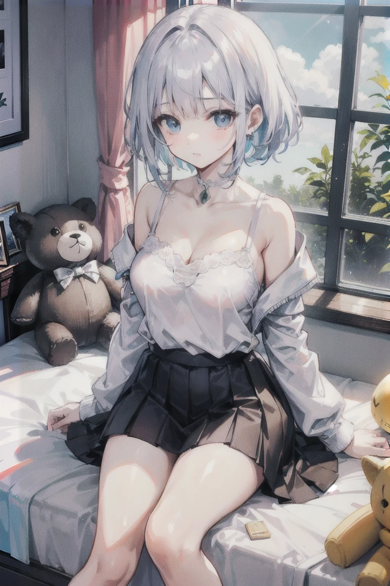 Mole under the eyes、teens girl、silver bob cut、pink eye、White shirt、bare-legged、look from above、breasts are large、Black Hair Ribbon、Thighs are attractive、Sauce order、Diagonal patsun bangs、A smile、Girl sitting、on the beds、spreading arms widely、Show armpits、light blue panty