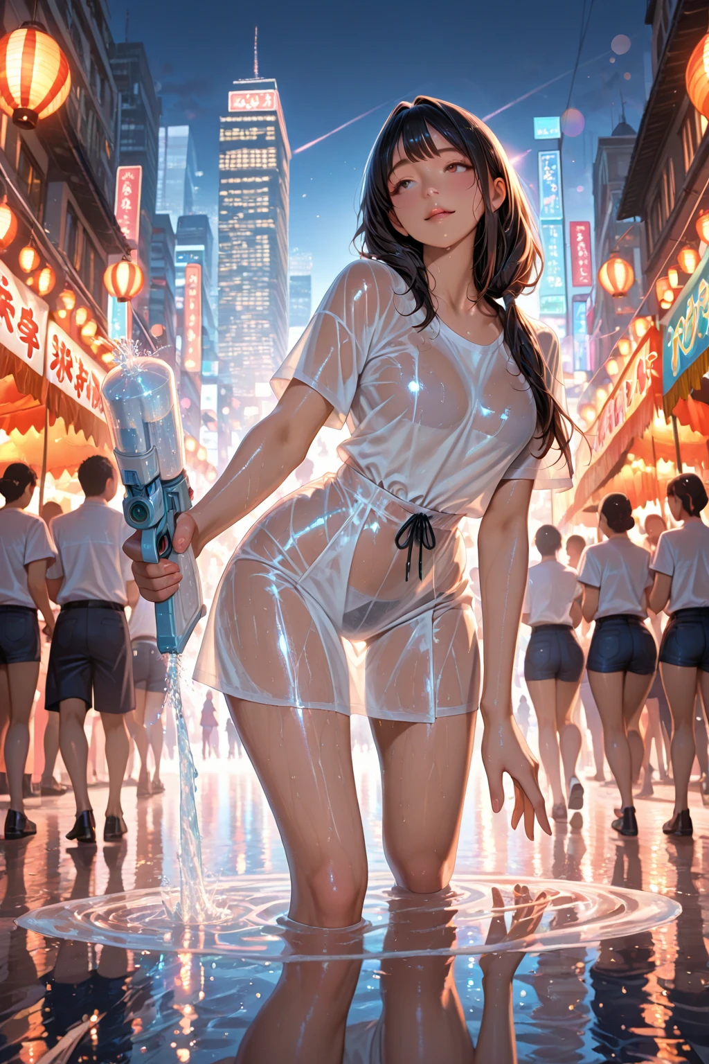 "Full body dress, Jenna Ortega, with wet hair in the rain, (masterpiece, best quality), sensual wearing a transparent, wet outfit, vibrant eyes."