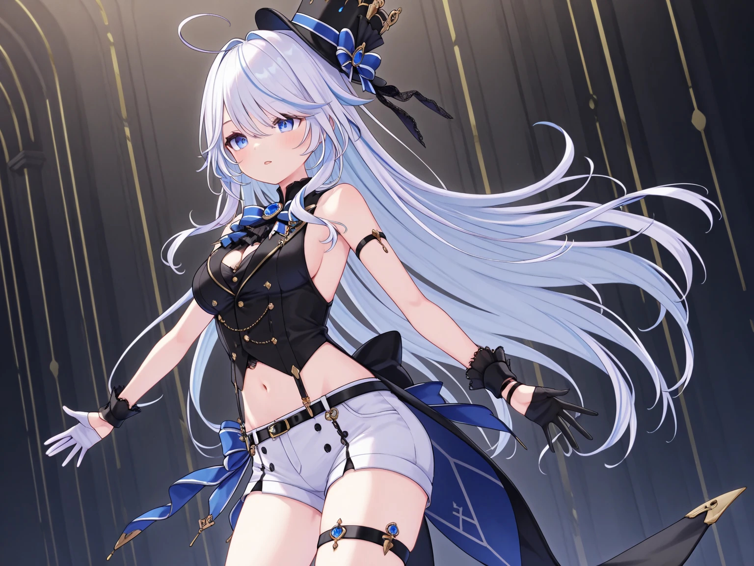 a flirtation woman, light purple hair and blue streaked hair, Long hair, mini skirt, evil smile, Villain, anime character