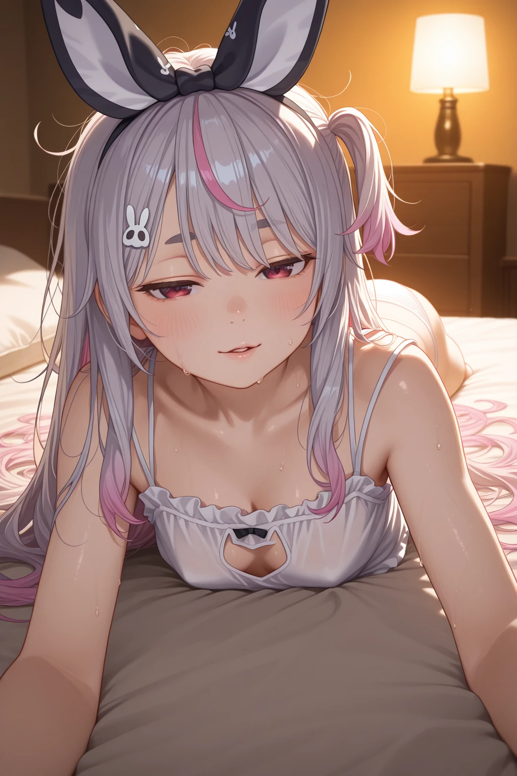 masterpiece, best quality, A large amount of white liquid all over the body on the chest and tongue, taken from the front, highres, aakikyo, (Light purple hair、White hair、Medium Hair) 、Arisu has、beret、Black beret、Black hat:1.2)、(Purple eyes、shining purple eyes:1.3), hair intakes, white hairband, blue bowtie, collared shirt, blazer, red jacket, long sleeves, white skirt, pleated skirt, black socks, (((small naked boobs with pink nipples))), ((beautiful boobs and vagina)), ((perfect vagina and boobs)), street, wall, serious, looking at viewer, medium cleavage, tartan check, music room, angle from above, uniform, light blue underwear, sweat, thin, mouth wide open, tongue out, crawling on all fours, A large amount of white yogurt on the chest and tongue