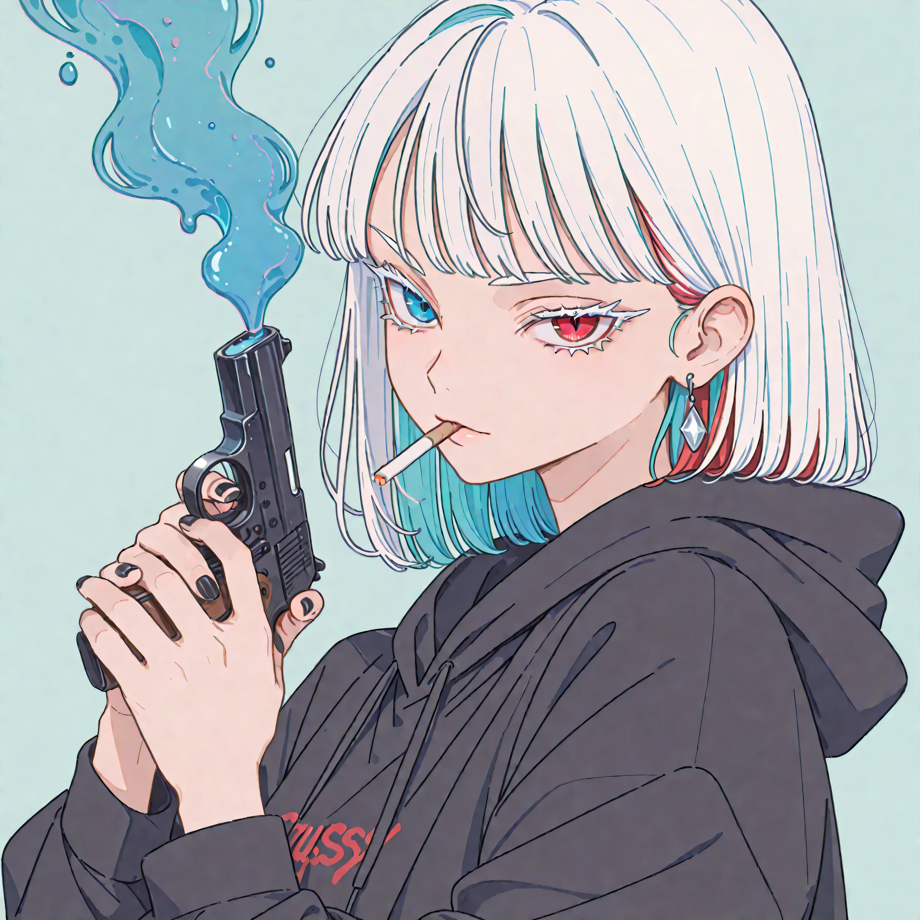 ((solo, anime))、((womanhood)), viewers, laughs happily, long white hair, gradation hair tips are turquoise blue, side hair arrangement、Put your hair together on the right、((Heterochromia, my left and right eyes are different colors、Red Eyes, blue eyes)), ((My eyelashes are white, white eyelashes)), ((tsurime)), ((slant eyes)), upper body, ((Black Hoodie、LARGE TURQUOISE STUSSY HOODIE、((LARGE TURQUOISE STUSSY HOODIEのフードを深く被る))、Oversized hoodie、))、Black Nails, with a turquoise blue background, silver earrings、large thin black sunglasses、((Smoking and holding a gun)), (render, detail, 4K )