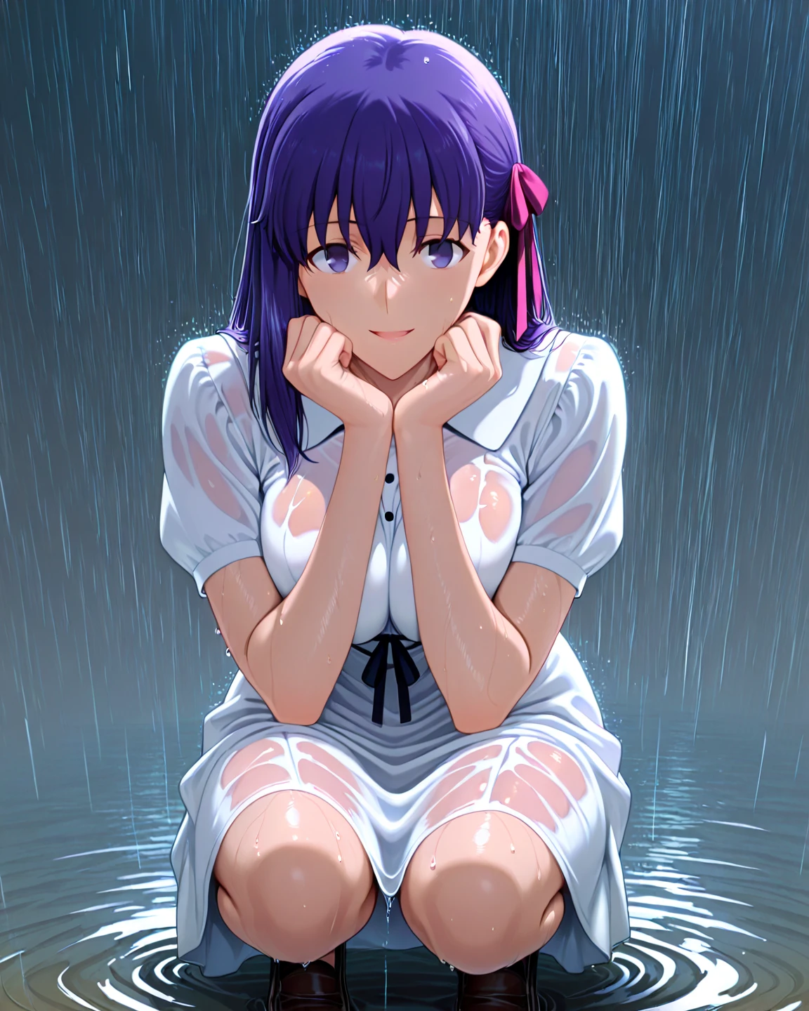 human, ((1girls)), 25 years old, Long Hair, Blue hair, black eyes, leather jacket, cup breasts F, 1m75, deserted, ((Takeda Hiromitsu style)), crying, holding hands Pov, Hands still covered in blood, blood, Rain,