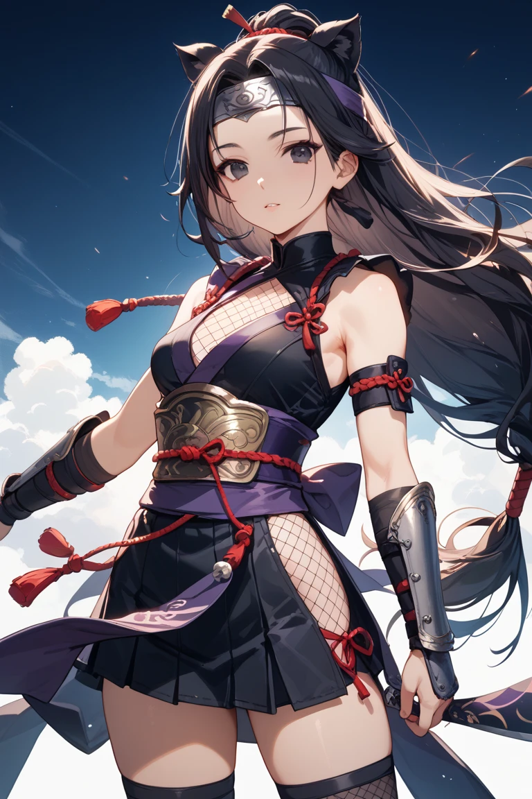masterpiece,best quality,extremely detailed CG,ultra-detailed,1woman,ninja,elaborately designed japanese style clothes,skinny,ponytail,multicolored hair,open stance,serious,sleeveless,over-kneehighs,
