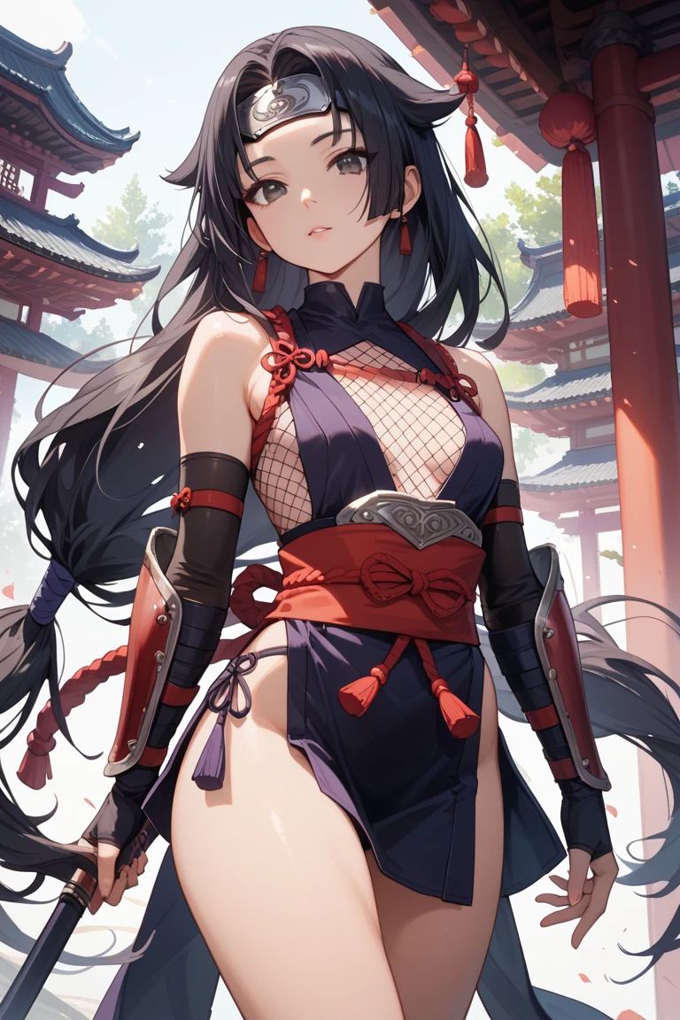 ((masterpiece,Highest quality;1.3,best illustration)),cowboy shot,1woman、独奏,30 year old beauty,((very small head:1.3)),black hair,(low ponytail),long hair,bangs,black eyes,gorgeous eyes,blush,medium breasts,(very long body:1.3),(toned body,slender body,skinny),gleaming skin,shiny skin,oily skin,((Female Ninja Costume))、No sleeve,Side slits,Black kimono、medieval Japan、