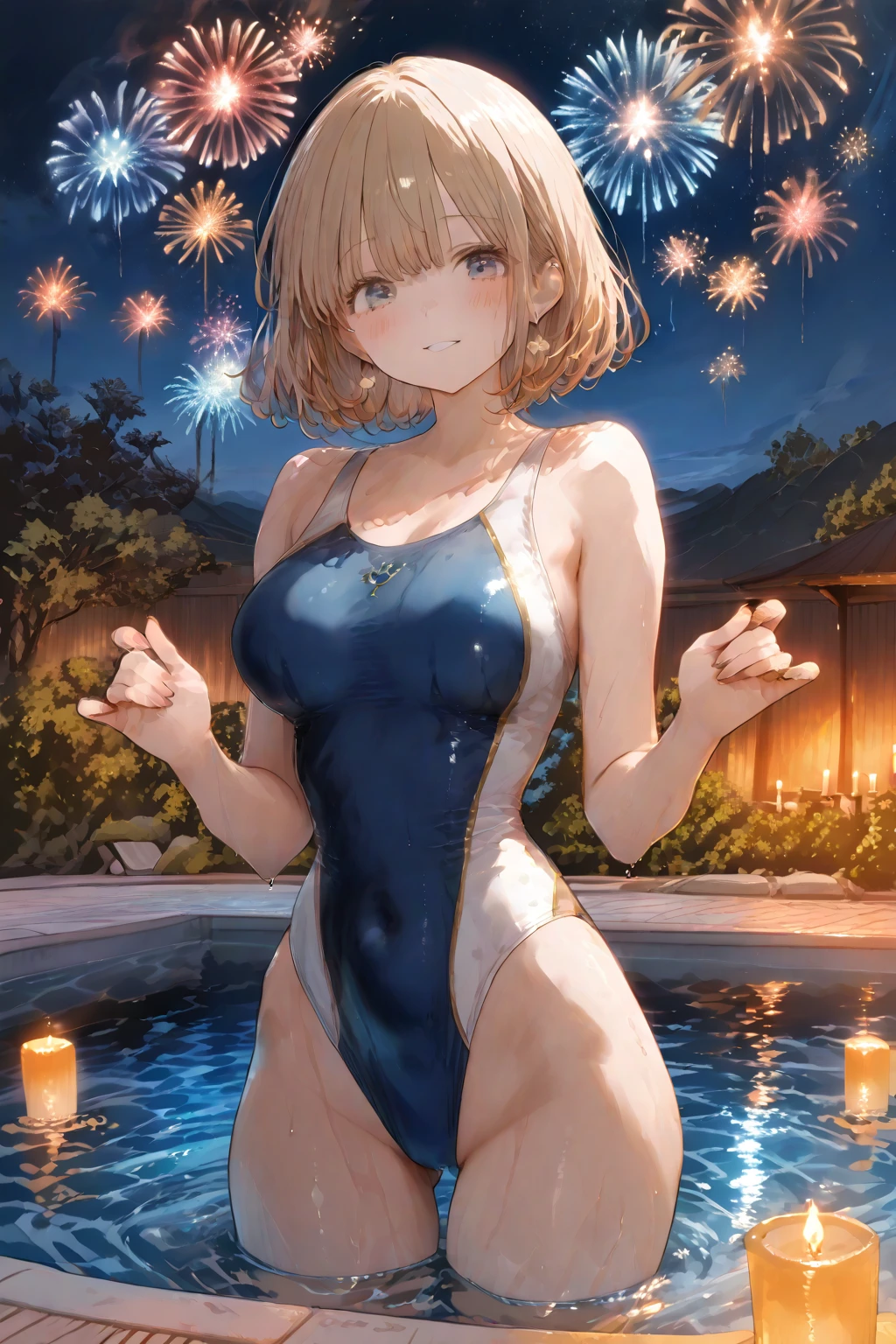 nsfw:1.6, Top quality, masterpiece, ultra high resolution, , (top quality, high resolution, 4K, detailed lighting, shaders, perfect anatomy, perfect proportions), eye of the beholder, (masterpiece, top quality) (top quality, 4K, 8K, high resolution, masterpiece: 1.2), highly detailed, (masterpiece: 1.3, top quality, ultra high resolution, ultra detailed), (top quality: 1.2), perfect eyes, perfect face, perfect lighting, (top quality, 4K, 8K, high resolution, masterpiece: 1.2), highly detailed, (top quality, 4K, 8K, high resolution, masterpiece: 1.5), highly detailed, masterpiece, top quality, ultra detailed, top quality, high resolution, 32K CG, very delicate and beautiful, illustration, high resolution, sharp focus, front lighting, glow, girl 1 person, solo, smiling, very beautiful and detailed anime face, very detailed eyes, ((masterpiece)), ((best quality)), (super detailed), ((cute)), cute, ((very detailed)), 4K, (8K), best quality, (best quality, 8K, 32k, masterpiece, super high resolution, very detailed, impressionistic:1.2), blurred background, (((two arms))) , (((two foot))), (((four fingers and 1 thumb))), Best quality , ((only one naval)),
Female. ((Blonde hair)). ((((Topless)))). ((((Breasts and nipples not covered)))). (White panties). ((((Evening updo. Tied up in a bun at the back.)))). (((Bangs swept to the side to show forehead))). (((Slicked back))). Beautiful blue-green eyes. Deep pupils. Pink lips. ((Big boobs)). Full breasts. Well-shaped breasts. Small pink nipples. Slim waist. Perfect proportions. Slender body. Well-proportioned body. ((Tan lines: 1.2)). Blushing face. (((("Touch my breasts."))). ((White choker)). Earrings. Necklace. Bracelet. Anklet. (((Lots of fireworks in the night sky))). (((A stylish night pool))). ((Neon signs)). (Cafe bar). ((((Beautiful water surface))))