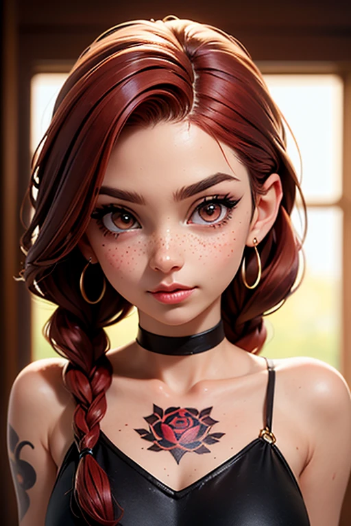 SFW,highest quality,woman, 19 year old,backlighting,black choker,blurry background,blush,closed mouth,collarbone,earrings,forehead,freckles,hair over shoulder,jewelry,long hair,looking down,pointy nose,lips glossy,shadow,solo,thick eyebrows,thick eyelashes,upper body,red hair,braids,tattoos,tattoos on arms,black rose tattoos on neck,sun beams,warm light,cozy,((masterpiece)),