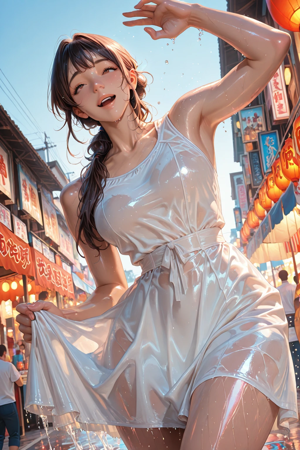 Master CG work, high detail, 8K resolution, super high resolution, intellectual woman, wavy long hair, beautiful makeup, delicate and perfect facial features, (((with a sweet smile: 1.3))), lipstick, blush, full body portrait, sexy mature woman, idyllic beauty, (looking at the audience), fashion model body ((slim 1.1)), height 180cm, extreme picture quality, highest precision, full body sexy standing posture ((((waist short top))), full body portrait ((slightly missing chest, Looming body parts))), plump breasts, reasonable finger details, cold and noble, urban goddess, sister
