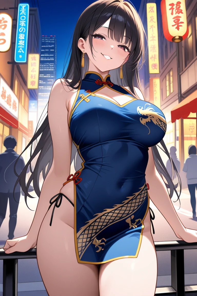 8K, masutepiece, Raw photo, Best Quality, Photorealistic, Highly detailed CG Unity 8k wallpaper, depth of fields, Cinematic Light, Lens Flare, Ray tracing, (Extremely beautiful face, Beautiful lips, Beautiful eyes), intricate detail face, ((Ultra detailed skin)) 1girl in, In the Dark, deepshadow, Pretty Korean girl, Kpop Idol, 1 girl, (Very slim and slender fit muscular body:1.3), ((Looking at Viewer)),(Big smile:1.3), (Fashion City Night, a dark night, (Neon sign), (Blurred background), Fashion Street Night),(No people in the background:1.3), Beautiful earrings, Bracelets, pantyhose, Clear eyes, Walking, (pale skin), (Big eyes), Face forward, (Brown hairs), (Full body shot), ((Blue silk cheongsam:1.3)), ((tight fit dresses)), , (Looking at Viewer:1.3) opened breast, Very slim,huge breasts, backtrack, ass focus, Before the eyebrows,(Tight Dress),Beautiful ponytail