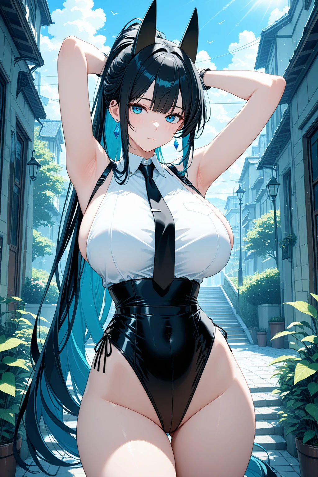 irrational solution, High resolution, (masterpiece:1.4), Very detailed, One Girl,Blue colored eyes, Long black hair,Sexy posture, The camera is close to the body、masterpiece, highest quality, (2 girls:1.2), Big Breasts, Bright Blue Eyes, Parted bangs, Pink Hair, Long Hair, Embarrassing, (Shallow pool:1.2), In the pool, (Wet:1.1), Water Drop, One piece swimsuit, (Strap slip:1.2), Browsing Caution, Nipples, (Upper Body:1.2)、Upper Body裸,leg Togetter side