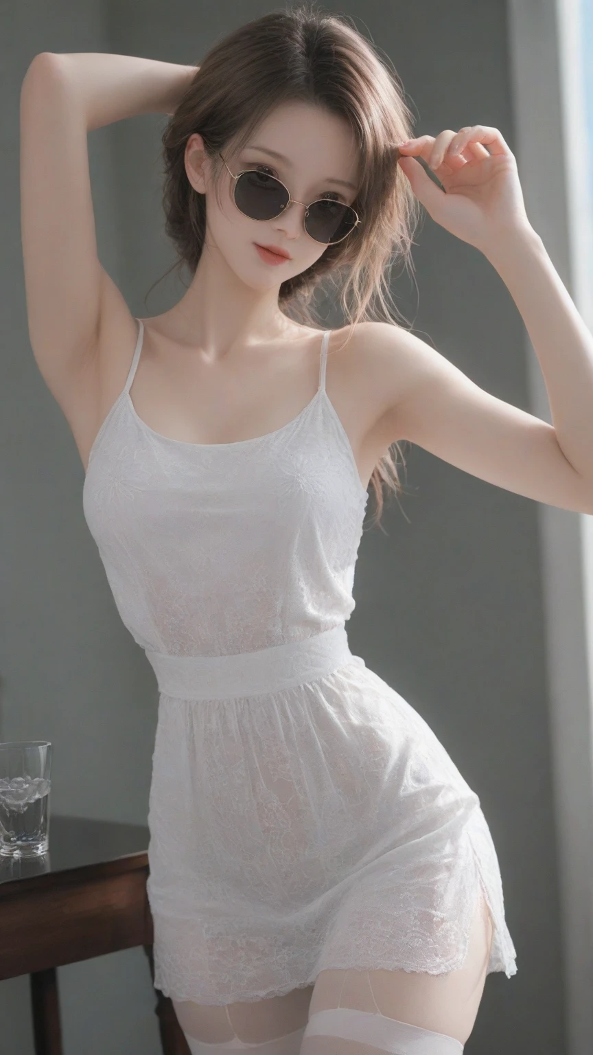 ((Best quality，High Detail，masterpiece:1.5)),1 20-year-old girl, White Dress, （Backlight, whole body，see through silhouette：1.3）, Solitary, permanent, Raise your arms, Stretching exercises, Dance poses，Delicate face, White-skinned female