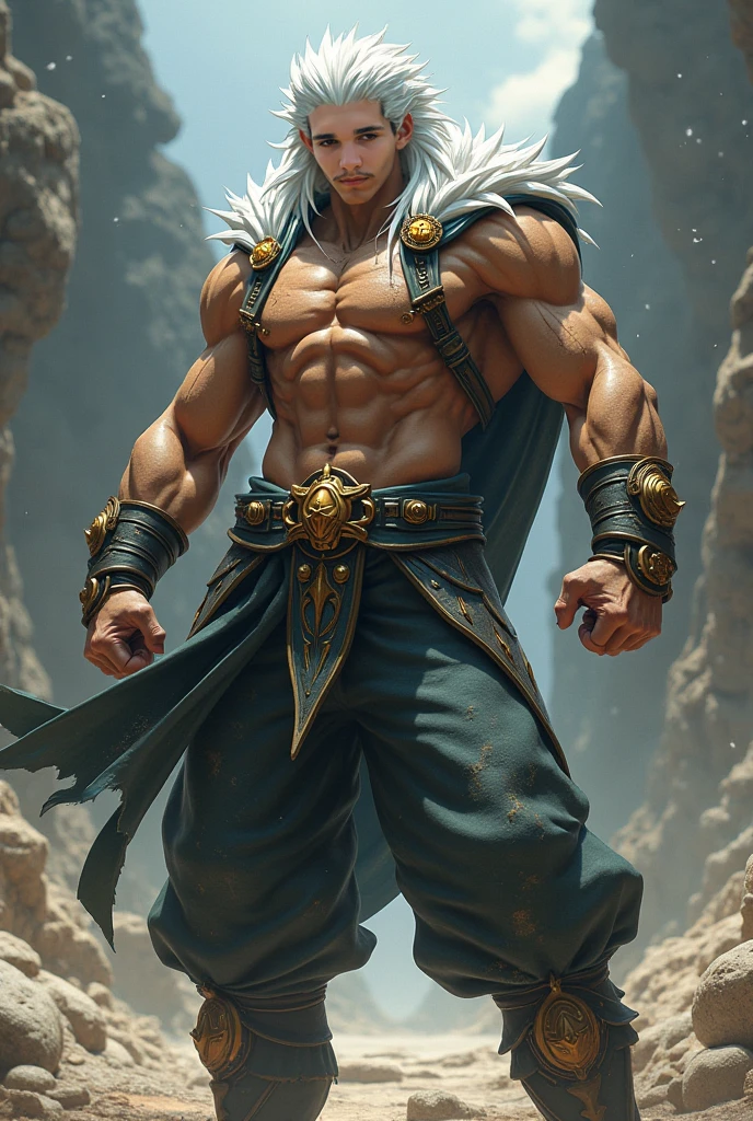In the heart of a rugged mountain range, a formidable Earth Genasi warrior stands tall amidst the rocky terrain, his skin the color of weathered granite and his eyes like polished moonstones, glowing with an intense, otherworldly light. With braided hair resembling the sturdy roots of ancient trees, he exudes an aura of indomitable strength. Describe the scene as this mighty Earth Genasi warrior, with his steely gray complexion and piercing white gaze, faces his greatest challenge yet, battling foes amidst the rugged peaks and valleys, channeling the raw power of the earth itself to emerge victorious, ::grey skin