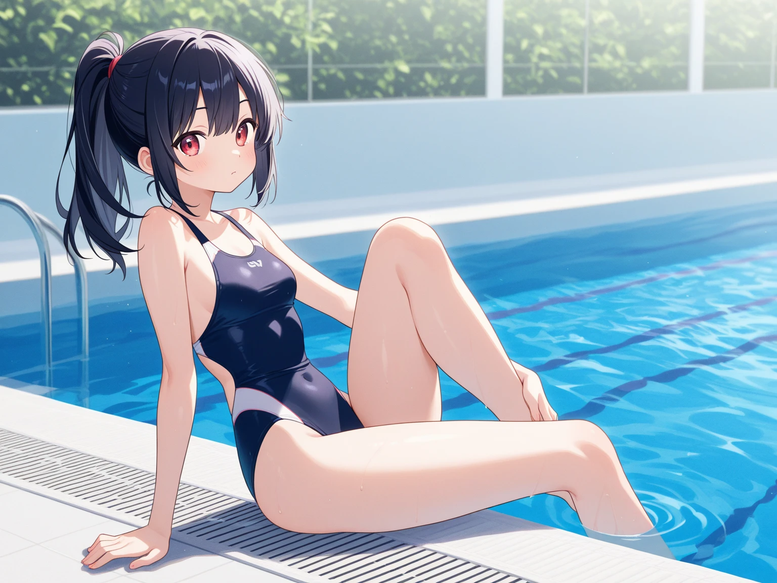a woman posing in a lewd bikini in front of the sliding glass door of her house with it's own feet propped on the glass