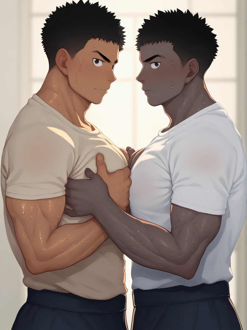 man1 and man2, both naked on a bed next to each other, erect penises, veiny penises, very short hair (man2 have the eyes blue) (man2 is black very dark skin)(man1 is white very white skin) (man1 have white hair) red faces.