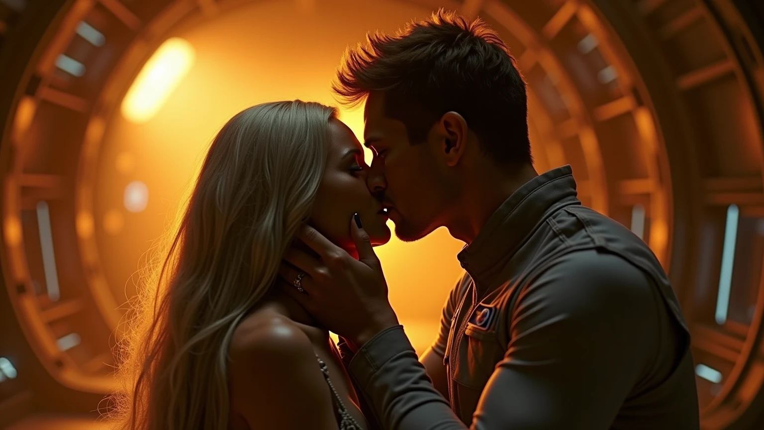 181 cm tall, 22-year-old boyish male, lean figure, short platinum blond layered hair with side swept bangs, Germanic-Icelandic features, tight black pants, black leather jacket with yellow accents, evil amused expression, stands behind holding dagger blade to the neck of a young woman who's just a little shorter and has a fearful expression wearing a grey lacy push-up bra and black pants with vibrant maroon side parted wavy hair and light skin, photorealistic, cinematic