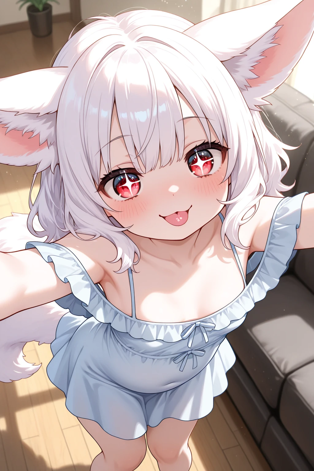 beautiful, masterpiece, Highest quality, anime, One girl, C Cup,Portrait Shot, View your viewers, Intricate details,>,((Covered、Short Hair、nearby、Blue Eyes、art、、White hair,Blue streaked hair、wallpaper、、white_gloves、hairpin、smile、Angel、Nipples、Thighs、Halo、Wolf Hair、Drooling、On all fours、tang、Love juice、lotion
