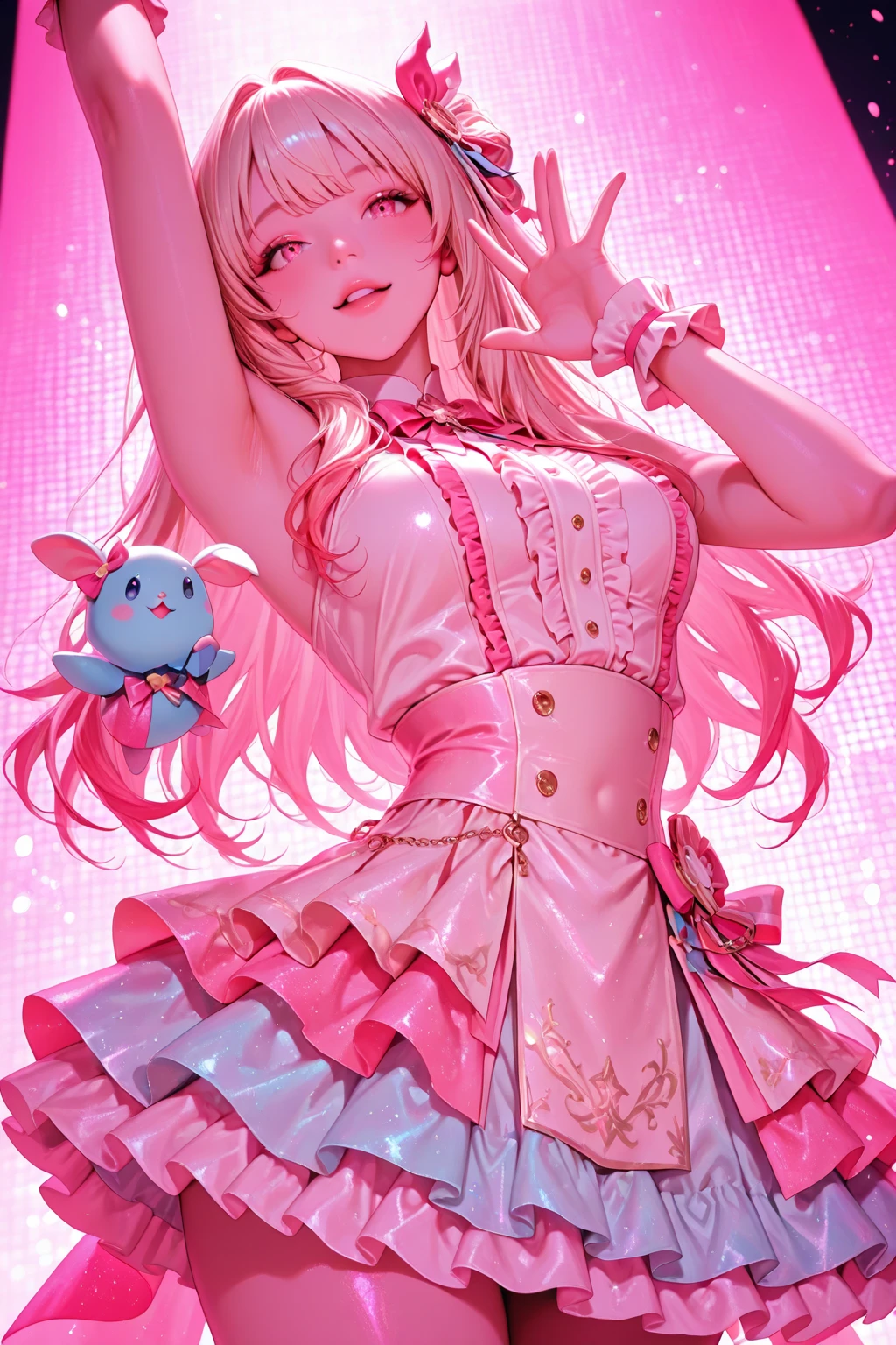 Masterpiece, Best quality, A high resolution, HMSL1, Medium hair, x hair ornamen, crown, pink flower, White dress, bridal garter, Bare shoulders, Wrist cuffs, frill dress, neck bowtie, Large breasts, Stage, day, sky, Cowboy shot, standing,