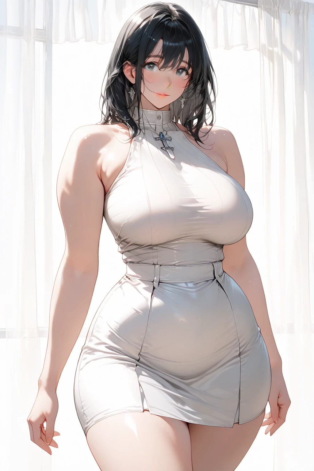 realisticlying、17 years old girl、Face Real、Close up from under transparent skin gloss、Wearing a light and tight-fitting beige long dress、Emphasis on the thighs、Breasts enlarged、sexly、Face smile、Lower chest slightly exposed