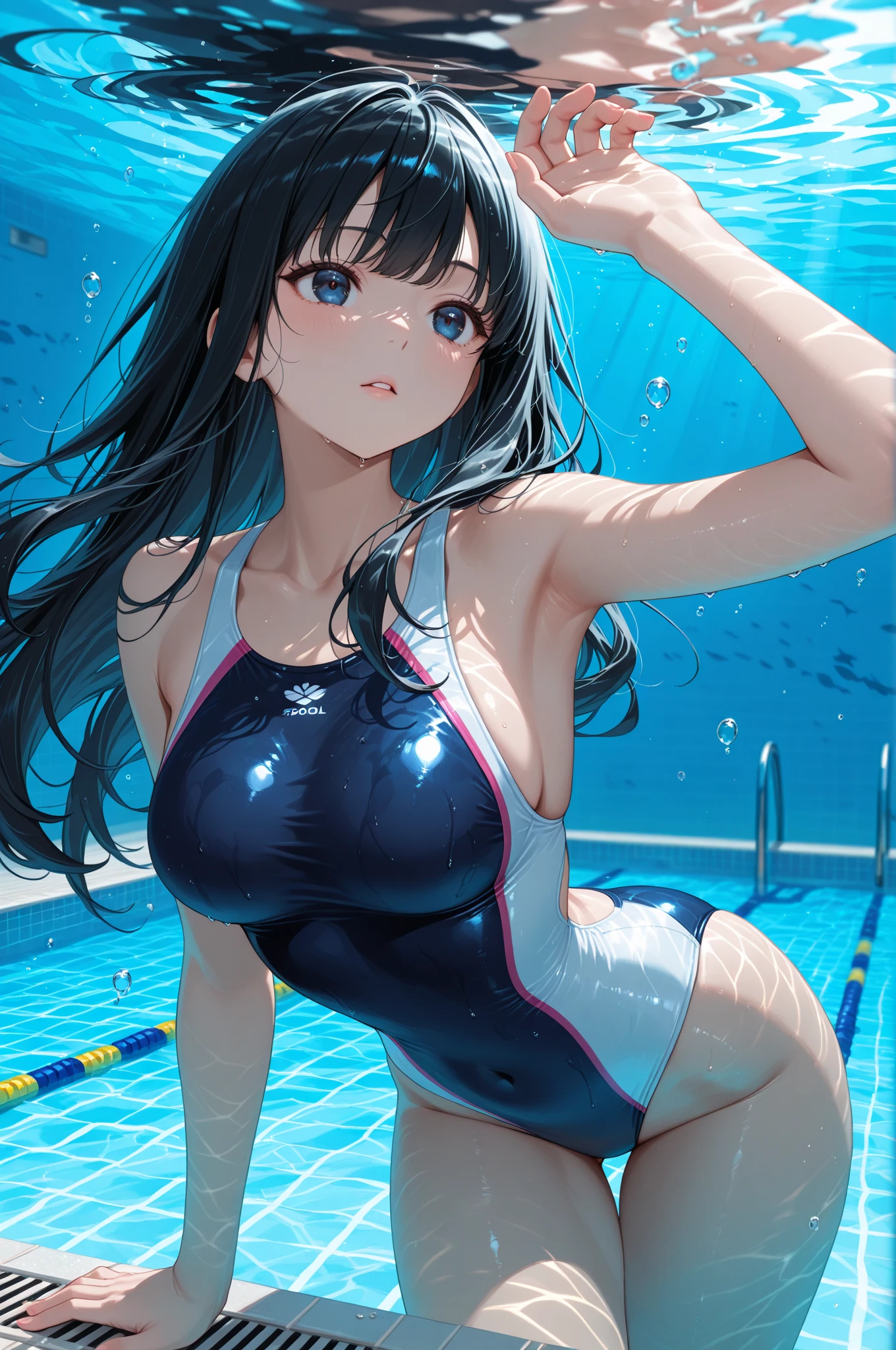 Japanese girl in a blue bikini at the pool、black hair、(green eyes)、long hair、diving underwater、Rise above the surface of the water、looking at the viewer、pose with a smile(highest quality、masterpiece)))、High resolution、very detailed、masterpiece、movie lighting、(8K、highest quality、masterpiece:1.2)、(realistic、Photoreal:1.37) High resolution、Super detailed、1 girl 、Asian, cute, cute顔, Beautiful and detailed sky in Solo, movie lighting, written boundary depth, lens flare light、date、(blush your nose)、(closed your mouth)small breasts、beautiful and delicate eyes、Camera angle looking up from below