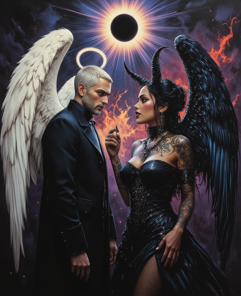A demon girl with wings and a man sitting on the roof, The Secret of Heaven