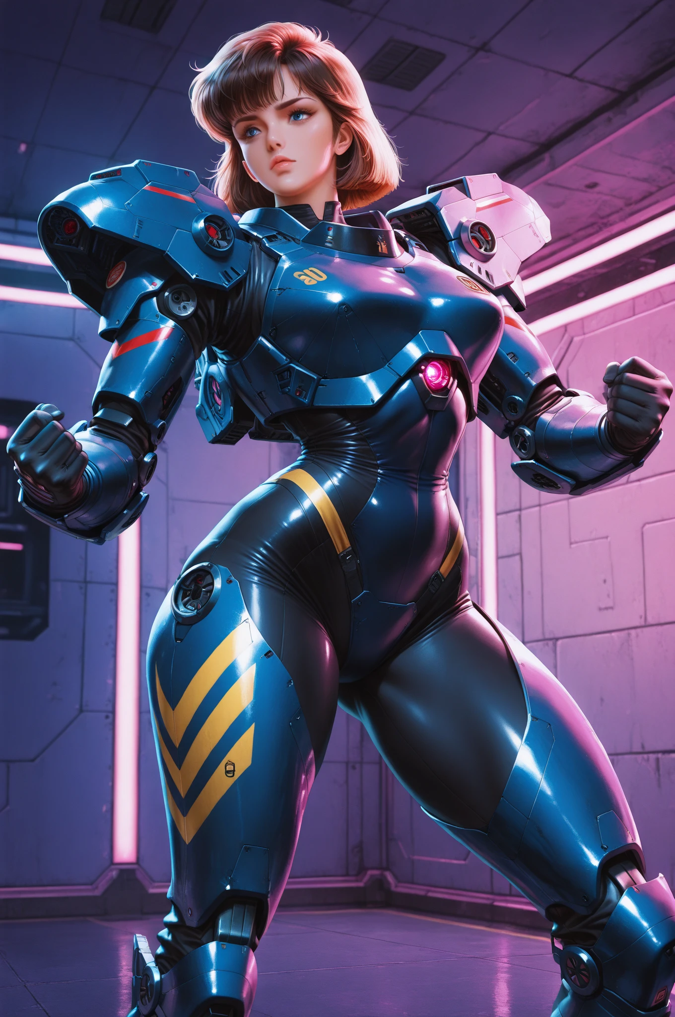 1 female, front view, pink hair, full body, feisty look realistic lips, neon blue techno spandex, small waist, wide hips, , exposed cleavage, fighting pose, pink tactical belt, standing in front of a mecha, hourglass figure, annoyed, in a jungle, short hair, best quality
