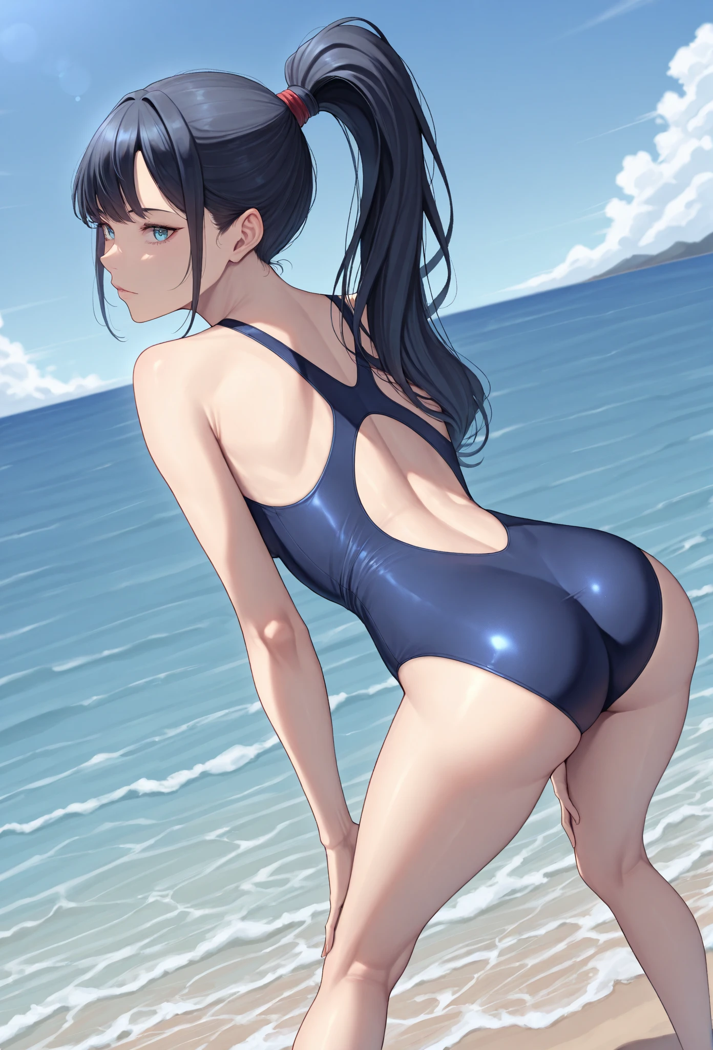 several women in swimsuits and hats are walking on a beach, is wearing a swimsuit, wet swimsuit, her back is towards us, Cute girl in a tank suit, swimsuit, swimsuit model, swimsuit, wearing a leotard, emma watson wearing a swimsuit, monokini, wearing a spandex bikini, Rear view, Rear view!!, extremely swollen hips