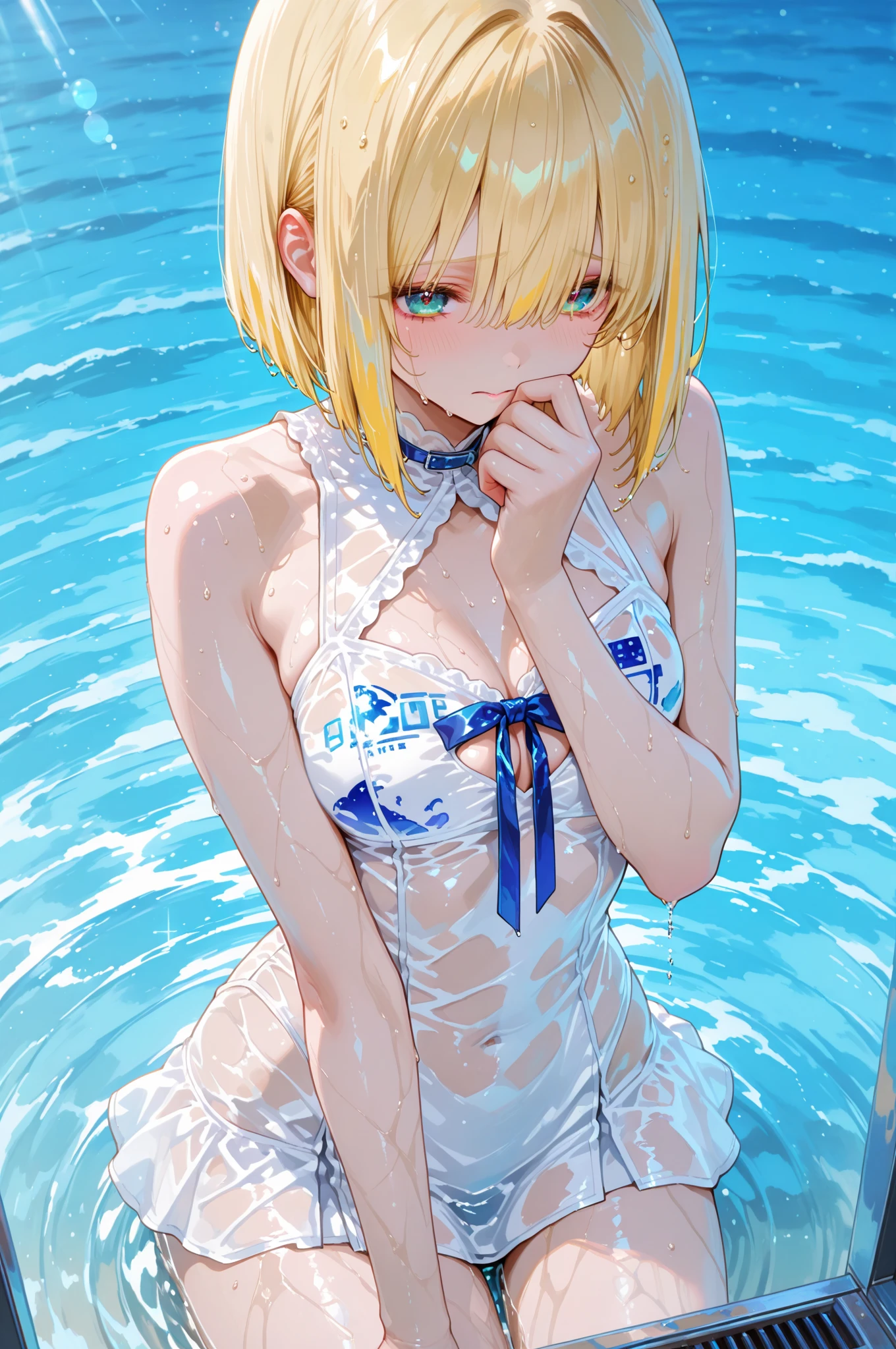 1 girl, pastel colours, yellow hair strokes, Short Hair Hair, Cyan eyes, pearl hairpins on the hair, succubus, bathing suit, School Room, small girl, little chest, A look into the distance, A big smile, Large thighs, large legs