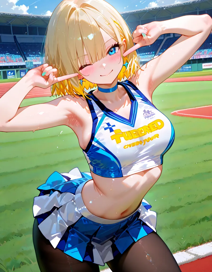 masterpiece, best quality, 1girl, solo,
<lora:mirika:0.7> mirika, hoshizaki rika \(kanojo mo kanojo\), green eyes, tsurime, eyelashes, blonde hair, long hair, twintails, sidelocks, fang, large breasts,
outdoors, racing, motor vehicle, tire, confetti, revealing clothes, race queen, shiny clothes, navel, jacket, cropped jacket, short sleeves, clothes writing, latex, latex bra, latex shorts, shiny skin,
looking at viewer,
leaning forward,
blush, smile, one eye closed, ;d,