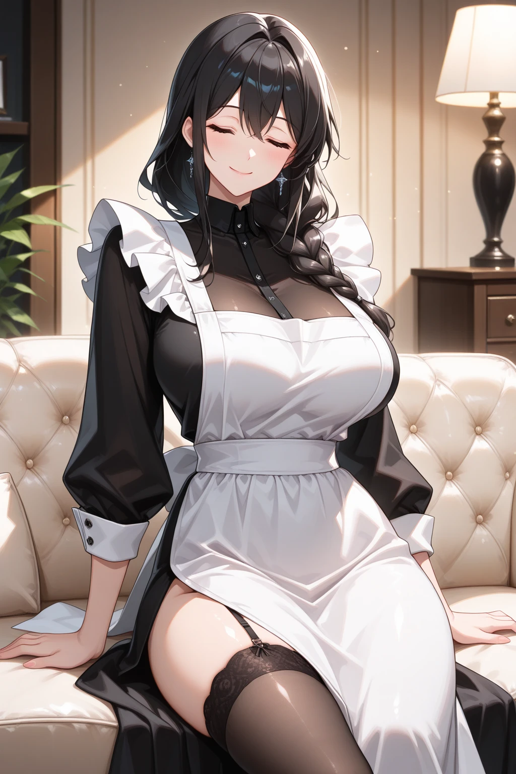 sexy style, 1 woman, mature, tall, milf body, well-developed body, about 25 years old, dark black hair, long hair, straight hair, red eyes, delicate face, feminine, wearing maid outfit, white maid outfit , wearing a black barrette, white apron, dress open on the sides, legs on display, sexy legs, sensual legs, setting in a dark castle, red moon in the background, perfect lighting, illustration style.