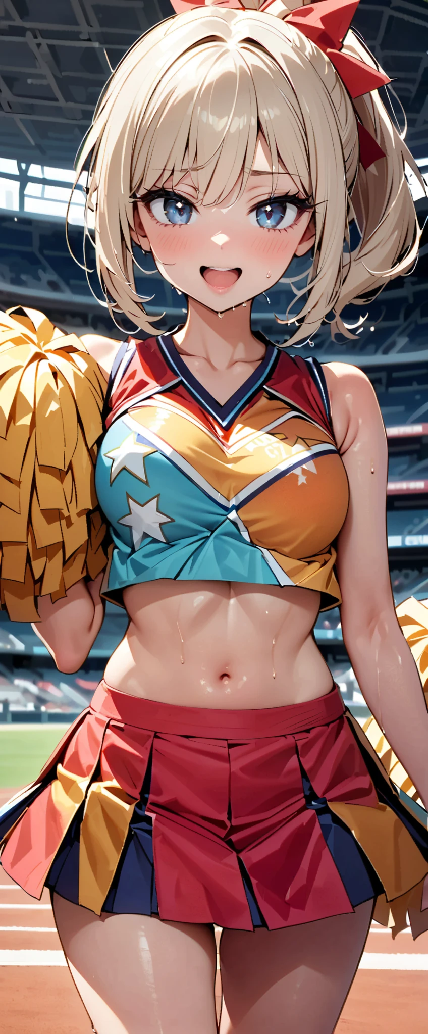 (masterpiece,top quality,Ultra High Resolution),1 Japanese woman, (((Very beautiful person ))), cute girl、WATCH THE PHOTOGRAPHER､  (()), very cute face, Shiny Lips,   double eyelids on both eyes  ,natural smile、 natural makeup, long eyelashes, ､,  Perfect hands and feet, perfect anatomy,((( Sparkling Cheering Uniform ,Cheerleader,Cheerleader,Tube Top))))Stadium,((Cat girl,GeGeGe no Kitaro))the appeal of a sweaty,(((Tube Top)))((((please open your mouth,))))red choker、white shirt、jewelry、gem、brooch、long sleeve、red dress、apron dress、short dress、Barefoot、Red Shoes、high heels for everyone