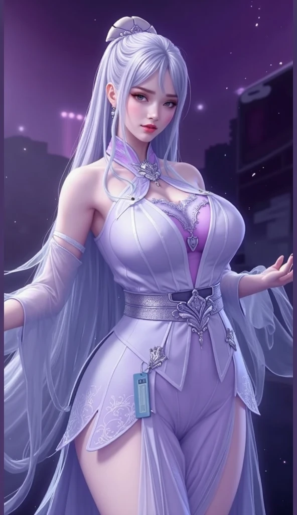 1girl,city View, night, looking at the audience, adult, Yi Shi Er Didi,cowboy shooting, masterpiece, best quality), girl. Long purple bangs. dark purple eyes. White and purple petal headband.expose breast,Medium Breast,expose breast,
Purple and white long-sleeved shirt.