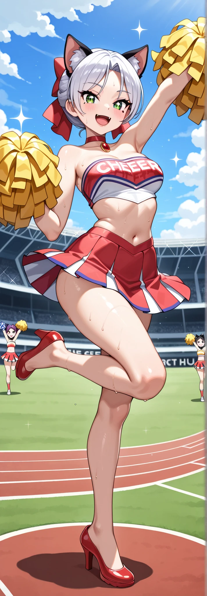 cheering party、1 girl、best quality、cheerleader、women stink、women fart、shyness、Funbaru、big breasts、stick out your butt、schoolyard、Gas comes out of the butt