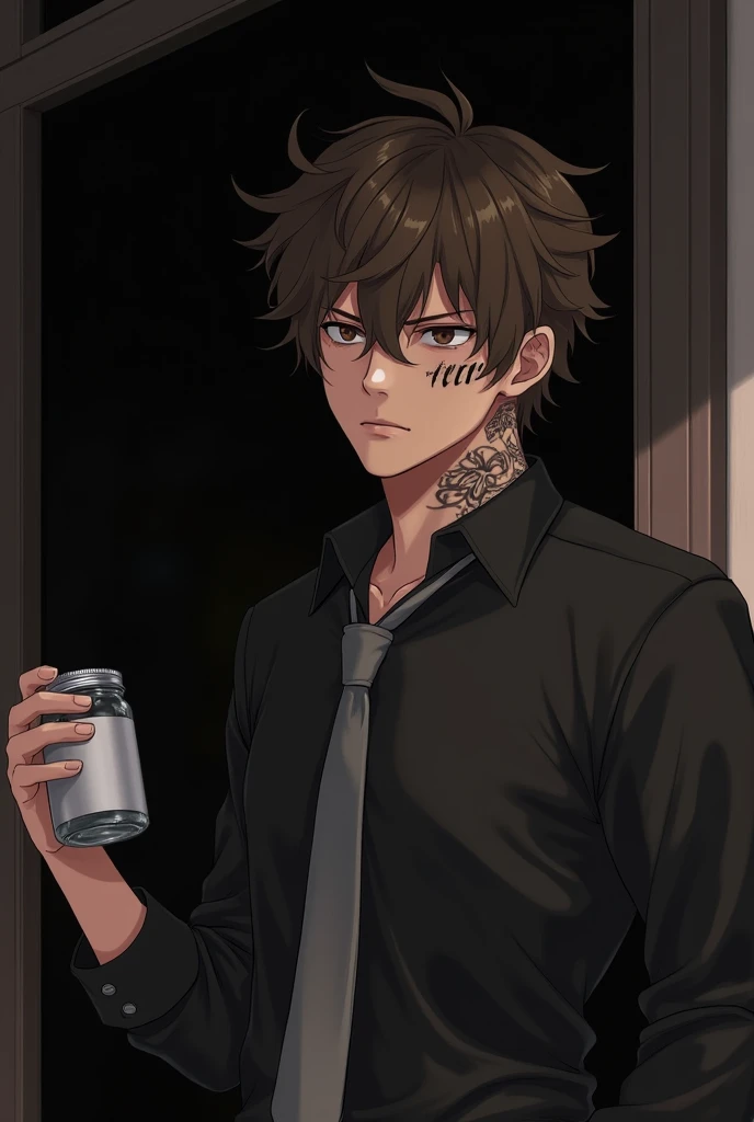 Manga cover style, detailed. best quality, art, detailed face, in the style of lora marvin. (26-year-old man) (young intellectual) (unkempt and authentic appearance) (messy dark brown hair) (wears thick-rimmed glasses) (1.74 m tall) (His skin is pale) (dark circles around his eyes ) (black clothes) (small scar on the left eyebrow) (smoking a cigarette) (in the other hand an alcoholic drink) (delinquent appearance)

(The background is a night bar)