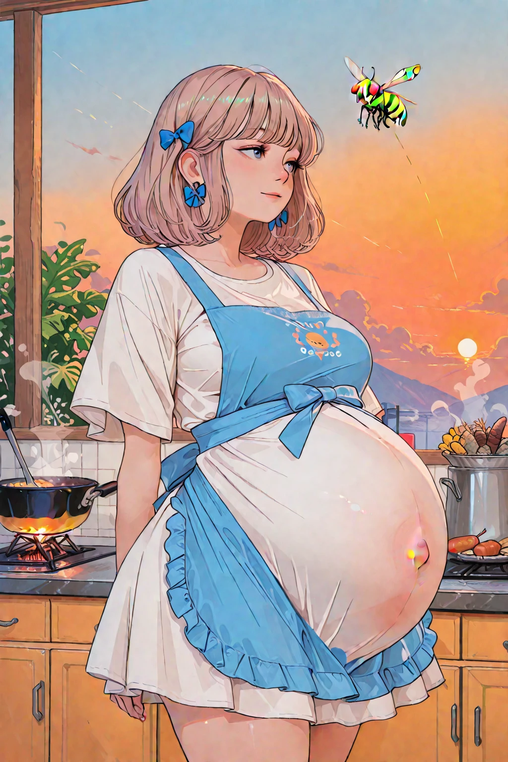 solo, Obese young woman, gorgeous ginger woman, plump lips, overweight, really fat, large natural breasts, pregnant belly, one navel, beautiful Chubby face, beautiful hair, yukata, standing, beach, dynamic pose, cute expression