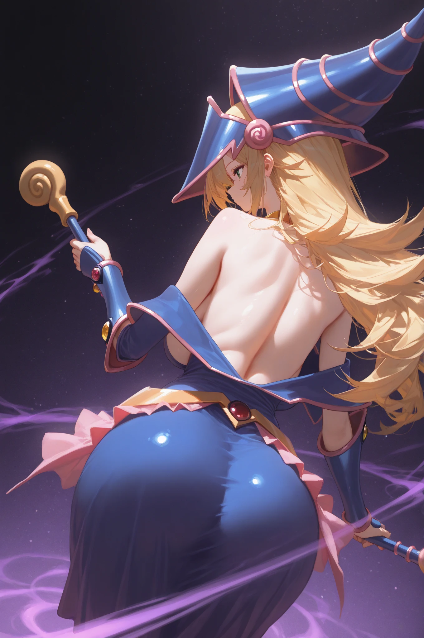 Black Magician Girl、T-back that digs into your butt、emphasis on the buttocks、Rear view、super breasts、thick thighs、blonde hair、magic circle、magic wand