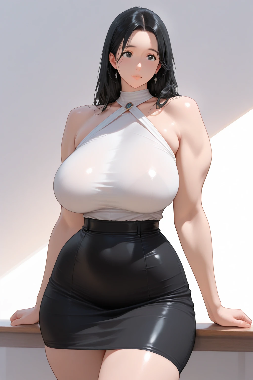 lown able camera, from below, bimbo, ((grey skin)), ((pale skin)), Alcina, black eyes,black hair,short hair, ((wearing a white Real Madrid tshirt)), happy, smilling, (heart hands), (pretty face:1.2), (finely detailed face and beautiful eyes), mature female, muscle, bare hands,(grey skin). ((wearing a white tshirt)), (black panties), (wearing a black thong), underwear, solo, panties, (indoors), high waisted panties, big breast, large and sagging breasts, ((white Real Madrid tshirt)), (long proportional legs), (best quality:1.1),(mansion background:1.2), ((masterpiece)), clothes writing, beautiful breasts, large breasts:0.5, (insanely detailed, beautiful detailed face, beautiful detailed eyes, masterpiece, best quality),solo,