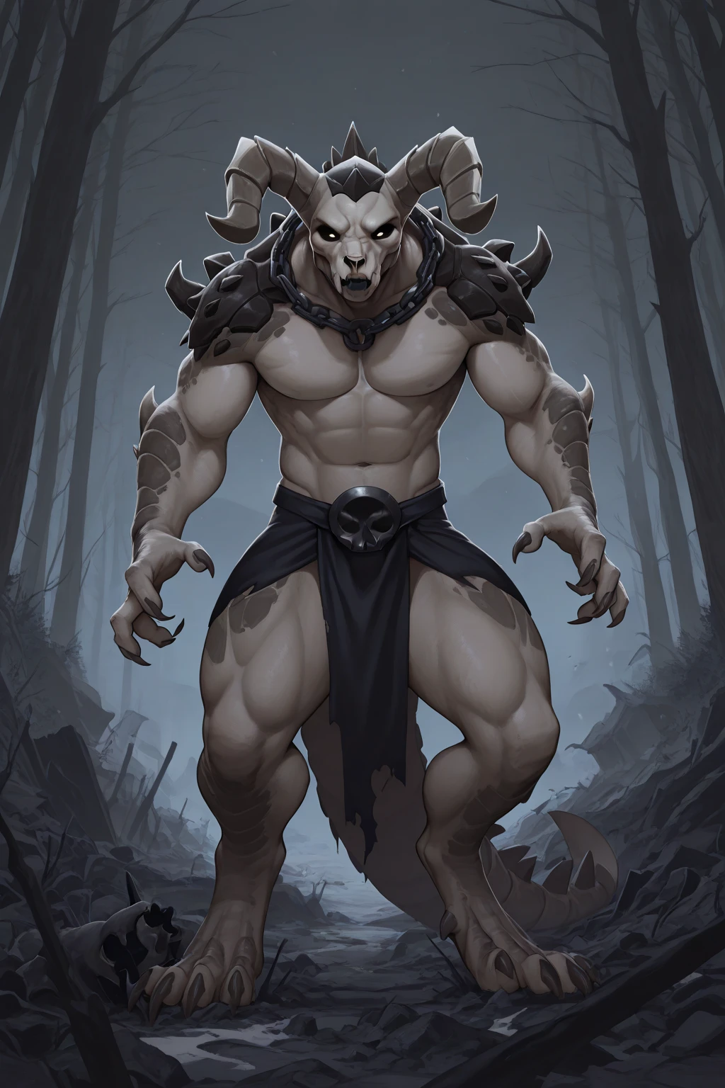 mitachurl, solo, male, mask, (pose:1.3), (posing:1.3), (soft shading), 4k, hi res, ((detailed face, detailed eyes, detailed)), (full body), by Canyne Khai, forest background, 1boy, standing, male focus, muscular male, abs, loincloth, close-up, sexy, one hand behind head