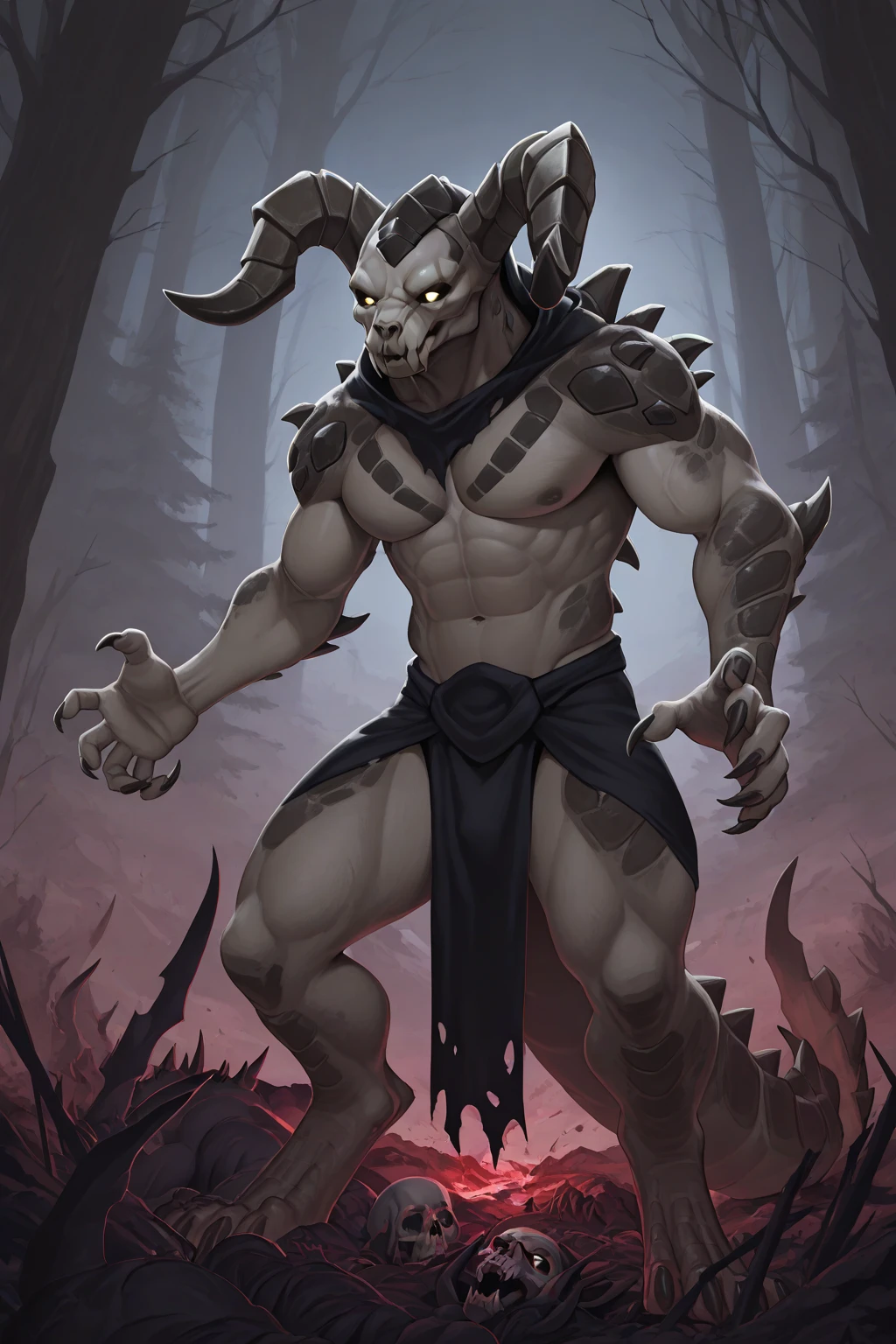 Fortress ruins, mutated, elder devil, female creature, armor, bandages,