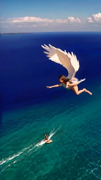 Kiernan shipka, loira, porcelain skin, standing bare breasted on a body with wings on the beach, as a mystical valkyrie, como um anjo celestial, Novo, shaved pubis, angel is split in two with smoke, karol bak uhd, abrindo as asas, 3 / 4 vista da mulher com asas, dramatic lighting fantasy, anjo super largo, com asas douradas ardentes, epic angel wings