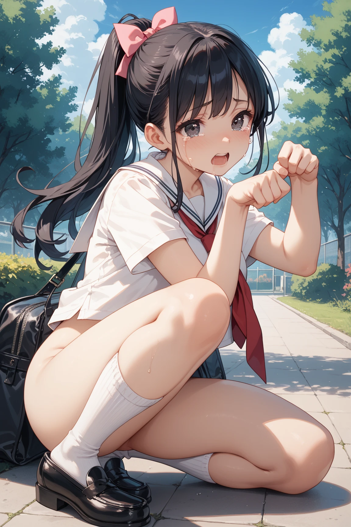 (whole body shot), angle from below, a woman ((showing off her panties)), school summer uniform, (glasses), pleated skirt, summer uniform, socks, (((elaborately designed various-pattern luxury panties, panties high definition images, draw panties with super precision, closeup panties))), round face, eyes with realistic sizing, drooping eyes, realistic skin, (joy smile), jumping and spread her legs, outside, sneakers, eccentric pose, big sky and wind, light-makeup, above the wall, trees, street,