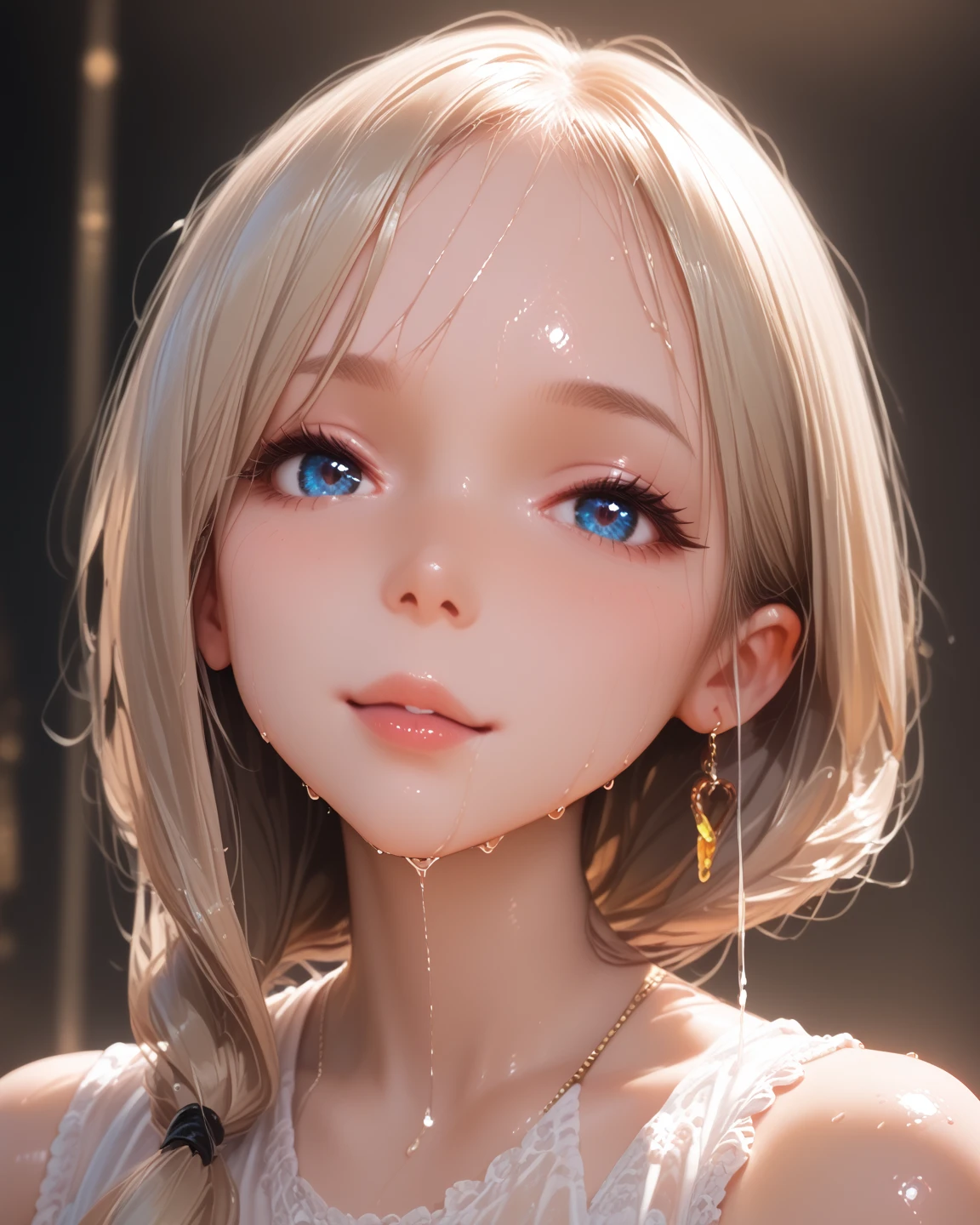 mksks style, 1girl, cute, surrounded by yellow lighting, gold eyes, white hair, black background, closeup, no smile, masterpiece, ultra detailed