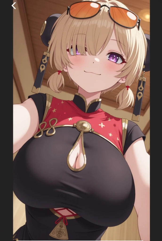 cleavage、tits、smile、hands up, elbows on table, face palm、breasts close up, blonde ((((((hair over one eye)))))), Braid Styles, spiked hair, blunt bangs, bob hair, a braid, Ahoge red eyes,