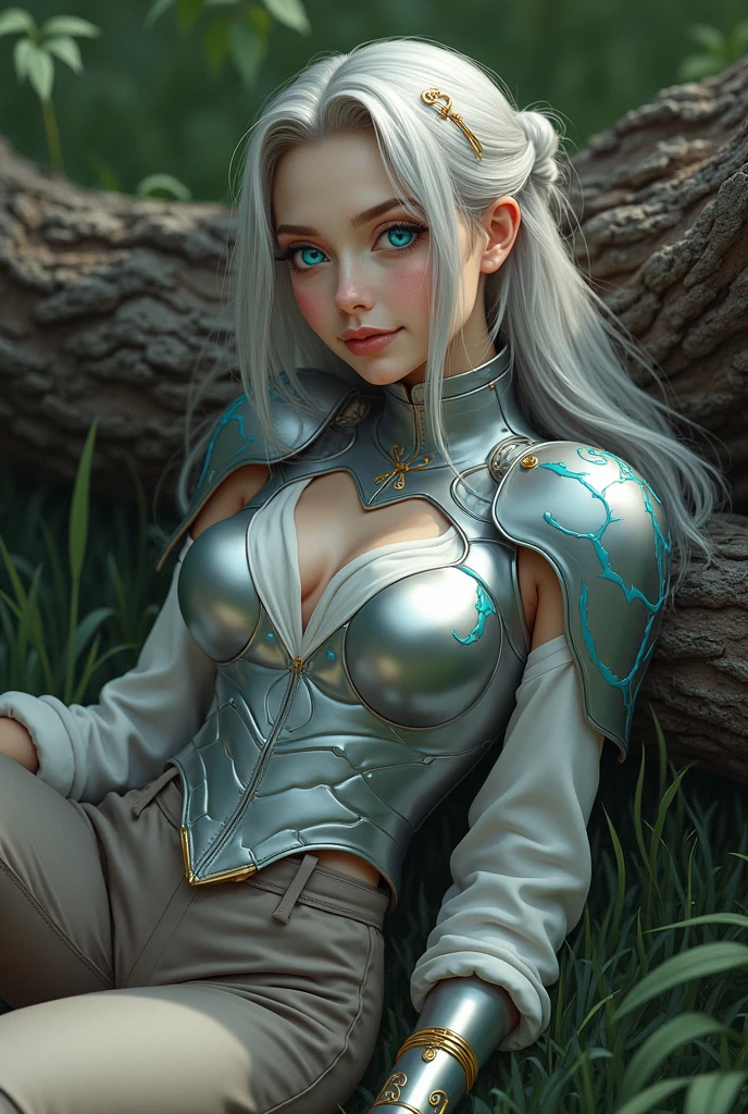 ((best quality)), ((Meisterwerk)), ((jett)), (Valorant), ((stehend)), erotischer Pose, (blue eyes), ((ponytail)), ((naked)), ((upper body)), Unreal Engine, realistisch, pretty, sexy, young girl, ((whiteHair)), Halsband, big , professionelles Make-up, Cool, sonniger Tag, Tyndall-Effekt, Guter Ray, forrest in the background, draussen, hell, subtle smile,