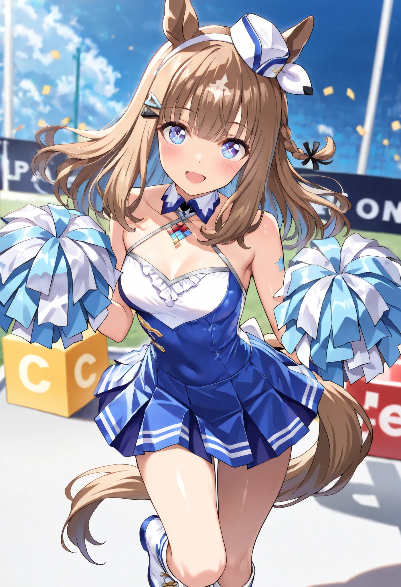 (masterpiece, best quality, perfect face:1.4), wide angle, almond eye \(umamusume\), white hair ornament, horse ears, horse tail, tail on the lower back, proportional body, proportional,1 girl, beautiful hair, beautiful face, beautiful detailed eyes, beautiful clavicle, beautiful body, beautiful chest, beautiful thigh, beautiful legs, beautiful fingers, looking at viewer, BREAK, sexy costume inspired by race queen and cheerleader, glossy (white and blue enamel) chinese-style dress, (blue small stewardess hat, blue small garrison cap), tight silhouette, sleeveless, high neck, (cheongsam collar), bold front zipper, open zipper reveals chest area, breast cleavage, fitted bodice with glossy white and blue two-tone color block, blue accent lines, cross halter strap design, ultra mini (flared skirt) with cheerleader-inspired pleats, (wide A-line), hem with matching blue enamel trim, shiny thigh-high (white enamel boots with blue stripe), glossy (white enamel fingerless gloves), race queen energy with cheerleader spirit, glossy fetish tone with athletic edge, (white and blue pom-poms held in hands), BREAK, blush happy smile (open mouth), textured skin, realistic skin, HDR, BREAK, good hands