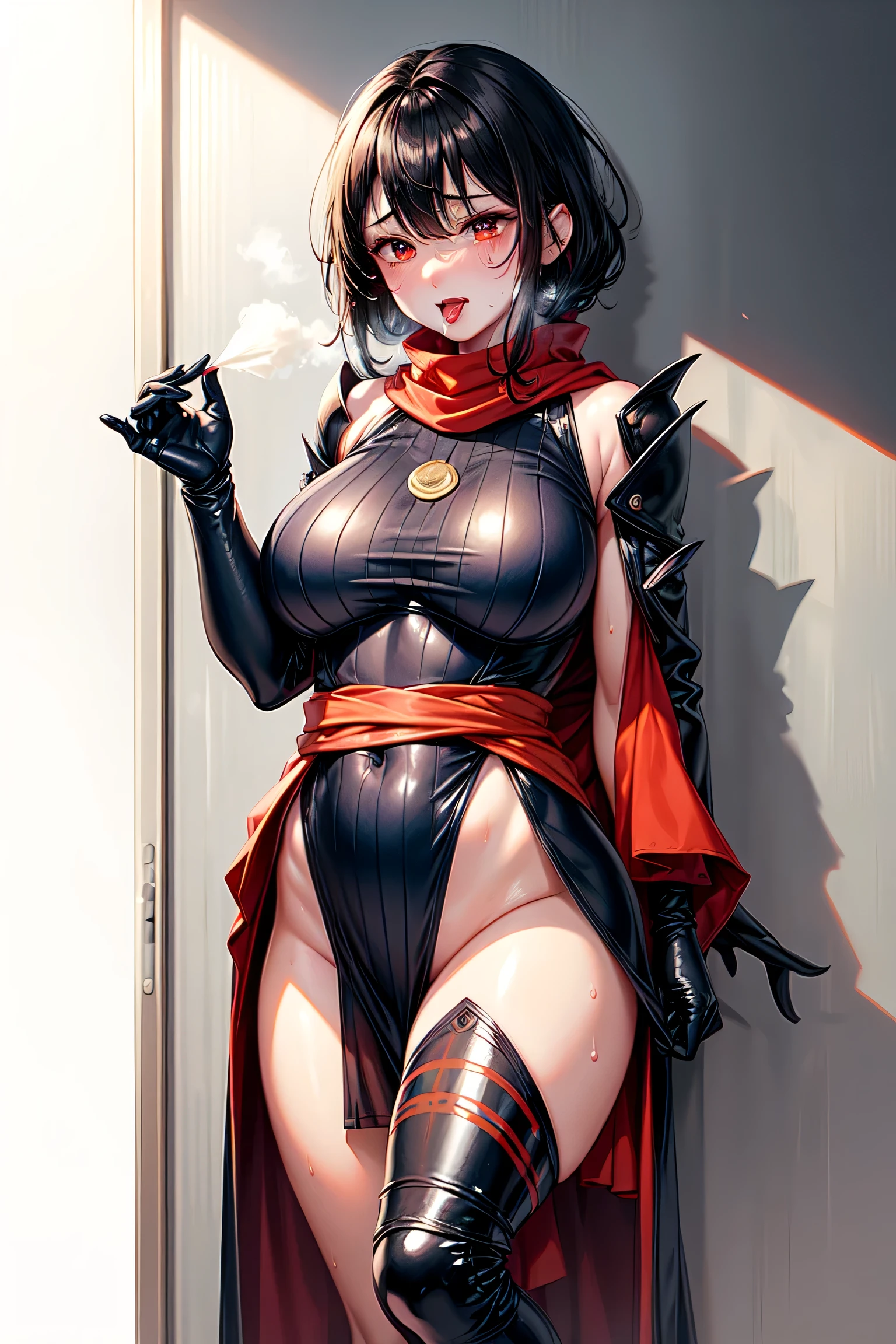 inoms , beautiful, masterpiece, best quality, 1girl, tinted eyewear,red thigh boots, hat ,red outfit,solo, large breasts, solo, <lora:InoMS:1>