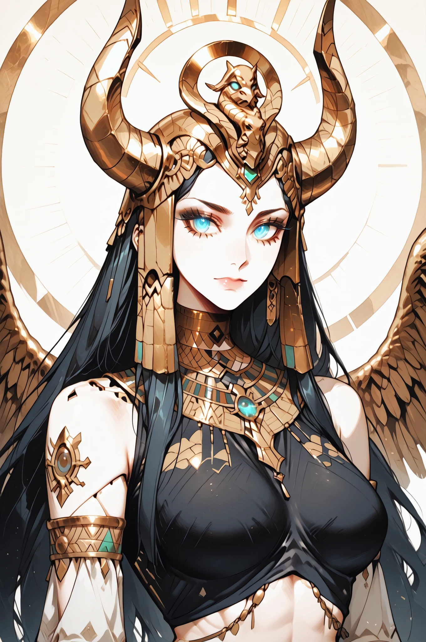 A magnificent and mythical humanoid figure is captured in an intricate and dynamic pose, reminiscent of a futuristic gargoyle or a legendary creature. This character possesses a striking blend of ornate armor and organic features, merging artistry with a sense of formidable power. Its body, predominantly black with a glossy sheen, is accentuated by intricate gold embellishments that trace decorative patterns across its surface. Glowing cyan highlights add a touch of otherworldly energy, emphasizing joints and contours with a neon-like radiance.
The head is adorned with an elaborate, golden headdress featuring curving horns and stylized motifs, evoking ancient Egyptian or Mayan influences. Almond-shaped, luminescent eyes suggest intelligence and mysticism. The figure crouches on metallic claws, poised for movement, while its massive, wing-like structures extend upward, showcasing smooth, wing-like curves edged with golden filigree. The muted background, a swirl of neutral grays, serves to highlight the detailed and vivid central figure, lending an air of timelessness and fantasy.