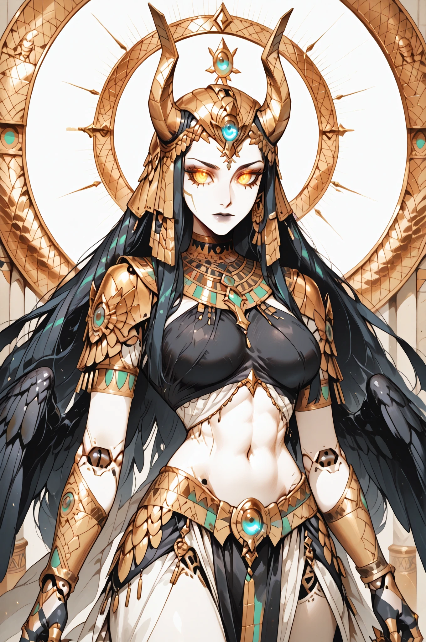 A magnificent and mythical humanoid figure is captured in an intricate and dynamic pose, reminiscent of a futuristic gargoyle or a legendary creature. This character possesses a striking blend of ornate armor and organic features, merging artistry with a sense of formidable power. Its body, predominantly black with a glossy sheen, is accentuated by intricate gold embellishments that trace decorative patterns across its surface. Glowing cyan highlights add a touch of otherworldly energy, emphasizing joints and contours with a neon-like radiance.
The head is adorned with an elaborate, golden headdress featuring curving horns and stylized motifs, evoking ancient Egyptian or Mayan influences. Almond-shaped, luminescent eyes suggest intelligence and mysticism. The figure crouches on metallic claws, poised for movement, while its massive, wing-like structures extend upward, showcasing smooth, wing-like curves edged with golden filigree. The muted background, a swirl of neutral grays, serves to highlight the detailed and vivid central figure, lending an air of timelessness and fantasy.
